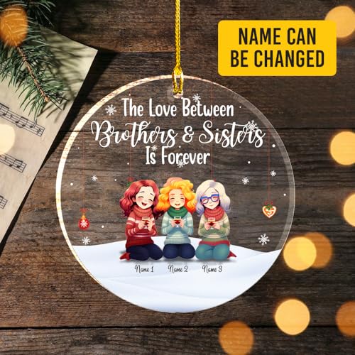 The Love Between Sisters Clear Plastic Ornaments, Christmas Decorations Personalized Name Three Girls Wear Sweater Scarf with Wine Glass Acrylic Ornaments, Gifts for Sister Friends Siblings Bestie2