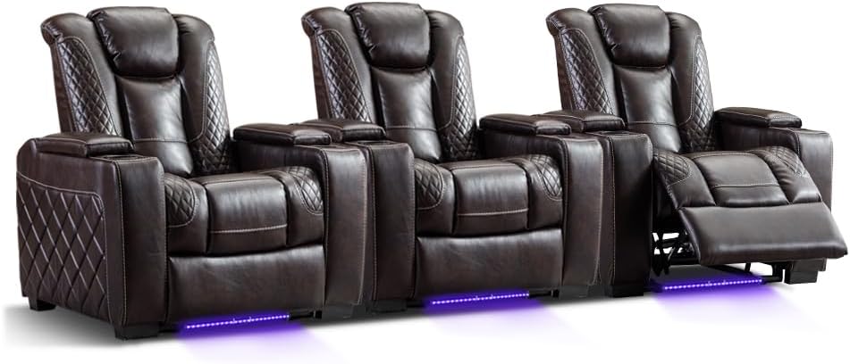 CANMOVHome Theater Seating Set of 3, Faux Leather Electric Power Recliner Chair with Ambient Lighting, Power Power Headrest, Lumbar Support, Cup Holders, Hidden Arm Storage, USB Ports, Brown