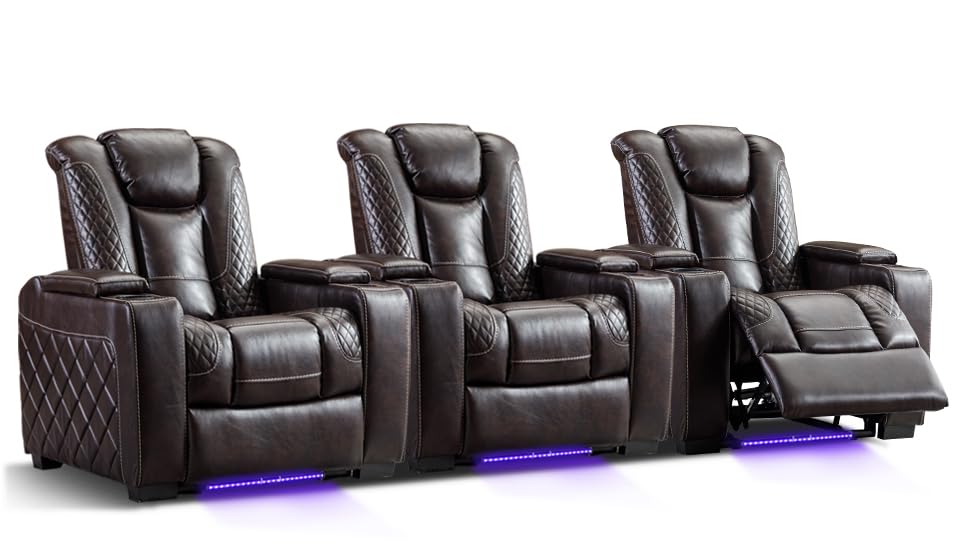 CANMOVHome Theater Seating Set of 3, Faux Leather Electric Power Recliner Chair with Ambient Lighting, Power Power Headrest, Lumbar Support, Cup Holders, Hidden Arm Storage, USB Ports, Brown