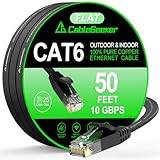 Cat 6 Ethernet Cable 50 ft, Indoor&Outdoor, High Speed 10Gbps Flat Internet Network Cable, Pure Copper Ethernet Patch Cable Long, Computer LAN Cable with Clips & Straps for Router, Modem, PS4/5, Black