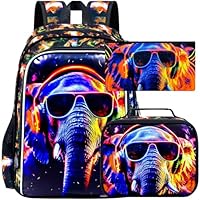 HPJGD 3PCS Boys Elephant Bookbag, Water Resistant Kids Backpack with Lunch Box, 17\" School Bag Set for Teenagers Middle Elementary - Sunglasses Elephant