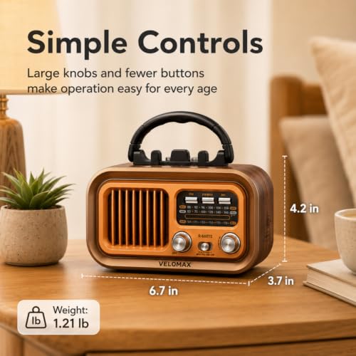 Image of VELOMAX Radio FM for Home with Speaker, FM Radio with Bluetooth 5.0, AM /FM /SW Portable Retro Radio with Solar Panel, USB-C Charging, Rechargeable Battery, USB & TF Card Playback