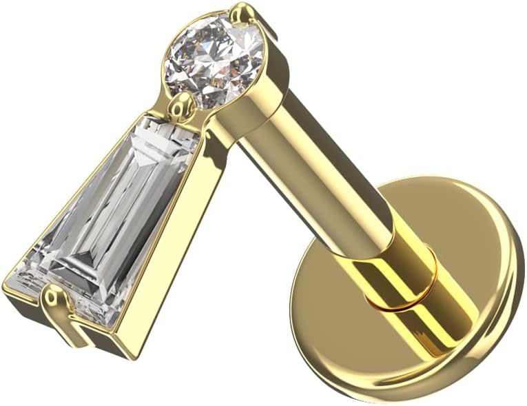 G23 Grade Titanium Baguette with Round Cz Stone Design Push Fit Top 16 Gauge , 18 Gauge - 6mm , 7mm , 8mm , 9mm , 10mm Length Flat Back Lip Labret Stud - Tragus Earring - Cartilage , Helix - Tragus Piercing Jewelry