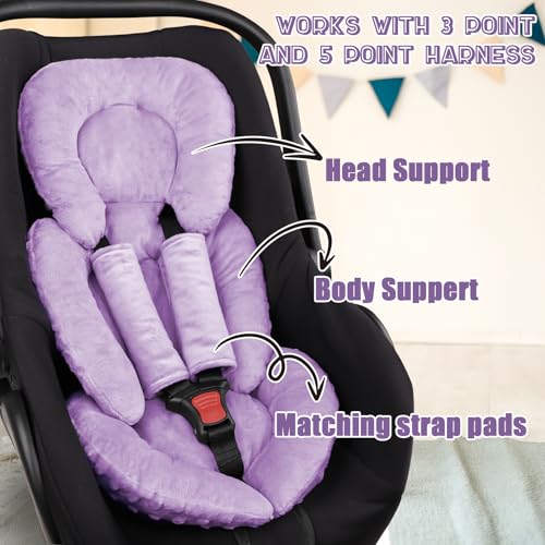 Image of Infant Car Seat Insert Head and Body Support, GFU Reversible Newborn Insert for Carseat with Strap Pads, Soft Stroller Cushion Pillow Insert for Boys and Girls, Fits for Stroller, Swing, Purple