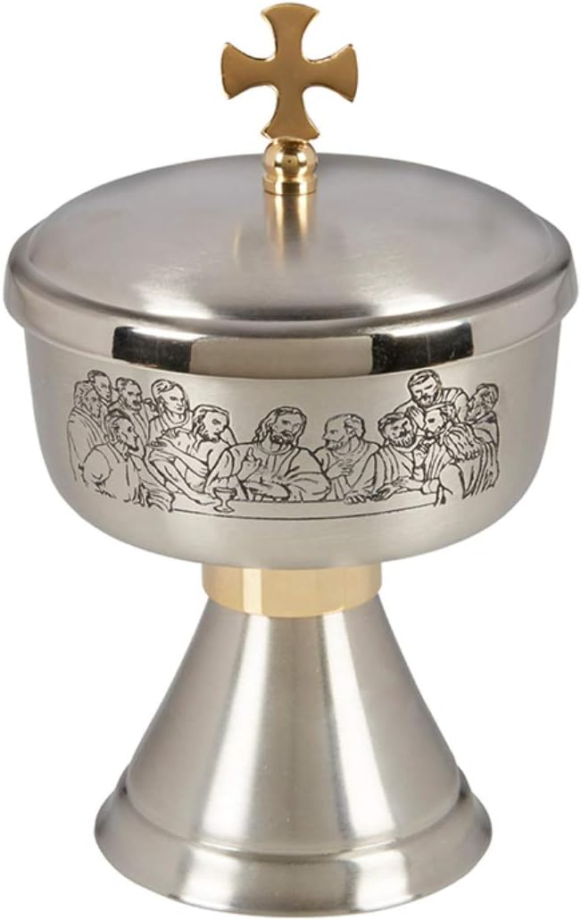 Religious Gifts Last Supper Etched Brass Ciborium with Cover, 7 1/4 Inch