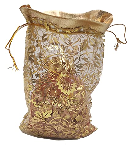 Image of 6 Inch x 8 Inch Net Fabric Drawstring Pouch for Dry Fruits Packing, Organza Shagun Potli, Bags for Return Gifts Pack, Pouches For Jewellery (Pack of 100, Gold)