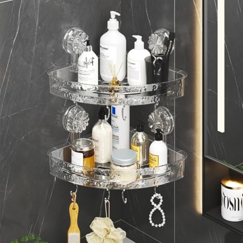 Image of Bathroom Corner Shelf for Wall with Strong Suction Cups - Transparent Acrylic Triangle Storage Rack with Utility Hooks, No-Drill Bathroom Organizer for Shampoo, Soap & Accessories (Round 2 Pcs)