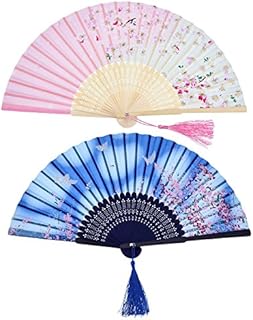 2 Pieces Folding Fans Handheld Fans Bamboo Fans with Tassel Women's Hollowed Bamboo Hand Holding Fans for Wall Decoration, Gifts (Blue Butterfly and Pink Cherry Pattern)