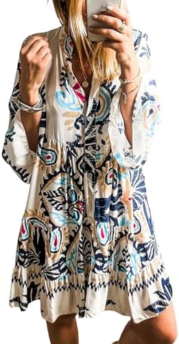 SELINK Womens Long Sleeve Dresses Casual V Neck Tribal Print Butt...
