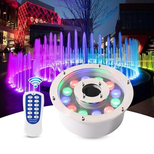 QICBYING 12/24V Luce per Fontana RGB Sommergibile, Lampada Subacquea A LED per Piscina, Illuminazione per Laghetto con Foro Centrale Impermeabile IP68, Lampada Subacquea da Paesaggio(18W(12V))