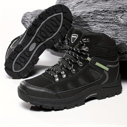 Men's High-Top Fashion Hiking Boots - Comfortable & Durable with Non-Slip TPR Sole, Lace-Up Closure, Green & Black Camouflage Pattern for Outdoor Adventures, All-Season Wear3