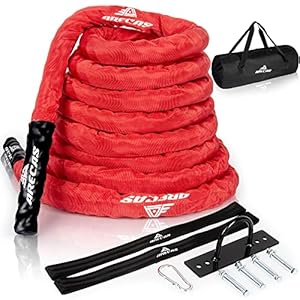 ARECAS Battle Ropes 1.5 inch-30ft with Protective Sleeve (RED – Poly Dracon 100%) | Anchor Strap KIT | BAG for easy…