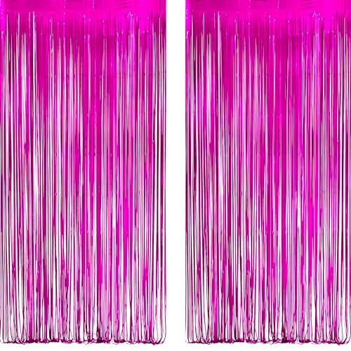 Image of Hot Pink Party Streamers Backdrop - GREATRIL Shiny Fuchsia Tinsel Foil Fringe Curtain for Birthday /Flamingo /Fancy /Galentine /Breast Cancer Awareness Decorations - 3.2ft X 8.2ft - 2 Packs