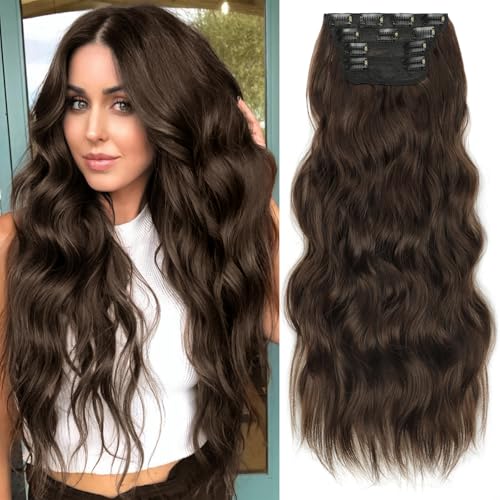 Image of KooKaStyle Wavy Thick Clip in Hair Extensions 24 inch Dark Chocolate Brown | Natural Volume & Seamless, 4 Pieces Clip in Extensions,Fiber Double Weft Hairpieces,Wave Long Synthetic Hairpiece for Women