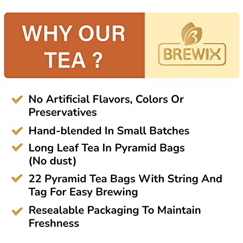 Brewix, Masala Chai Tea Bags (22 Pyramid Tea Bags) Black Tea, Cinnamon, Ginger, Black Pepper, Cardamom & Cloves, Packed In Resealable Ziplock Pouch | Black Tea Bag With Masala | Masala Chai Tea | Hot Tea | Brew Hot Or Iced Tea With Or Without Milk #TOP4