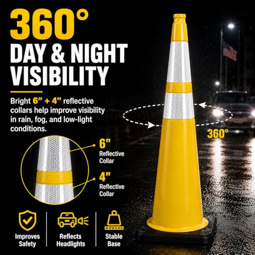 Image of BESEA 8 Pack 36 Inch Yellow Traffic Cones with Wide Weighted Base