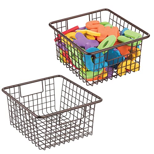 mDesign Metal Wire Toy Box Storage Organizer Basket Bin Tote with Handles for Child Kids Bedroom, Toy Room, Playroom Shelves - Holds Action Figures, Crayons, Blocks, Puzzles, Crafts - 2 Pack - Bronze