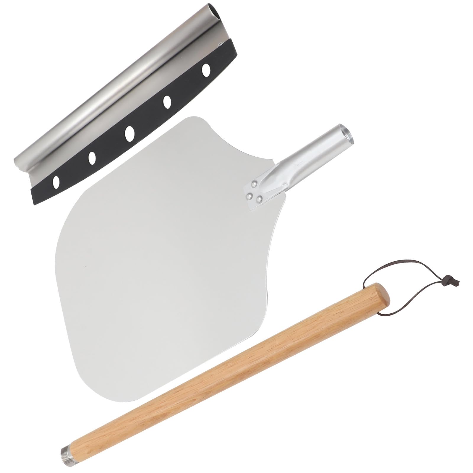 ULTECHNOVO 2 Stück Pizza Schneiderwerkzeug und Schaufel mit Abnehmbarem Griff aus Aluminium und Holz Rostfrei für Pizza Backzubehör und Backutensilien