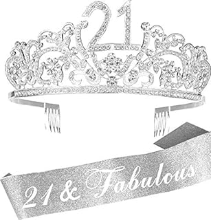 21st Birthday Sash and Tiara for Women - Fabulous Set: Glitter Sash + Flowers Rhinestone Silver Premium Metal Tiara for Women, 21st Birthday Gifts for 21st Birthday Party