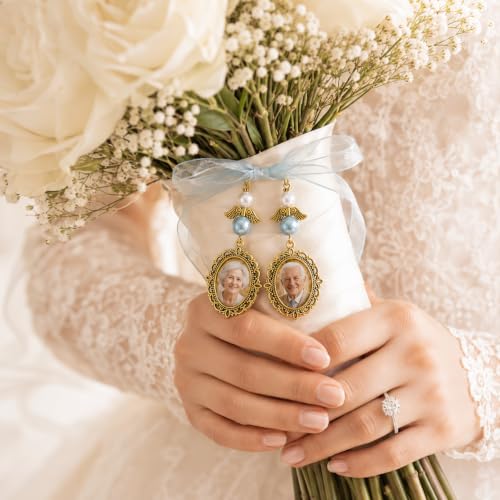 Image of MIXJOY Something Blue Gift for Bride, Wedding Day Bridal Blue Pearl Angel Wings Bouquet Garter Charm for Bride to Be