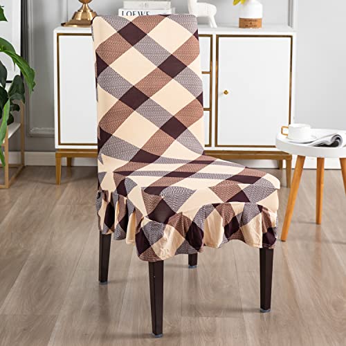 Image of Hokipo Stretchable Dining Table Chair Frill Cover Set Of 1 Seat Protector Slipcovers (Ar-4091-D5) - Polyester Blend, Beige