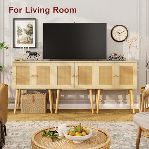 Sideboard Buffet Kitchen Storage Cabinet , Small Coffee Bar Cabinet with Rattan Doors and Tall Solid Wood Legs, Boho Accent Media Console Credenza Cabinet for Entryway,Living Room,Kitchen, Small Space - Image 5