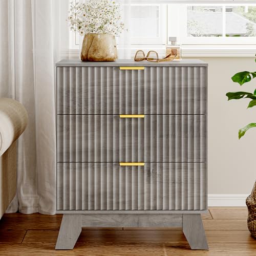 Image of HUANLEGO Fluted 3 Drawer Dresser for Bedroom, Mid Century Modern Beside Table with Metal Handle, Wooden Nightstand with 4 Drawers End Table for Living Room, Closet, Entryway, Grey