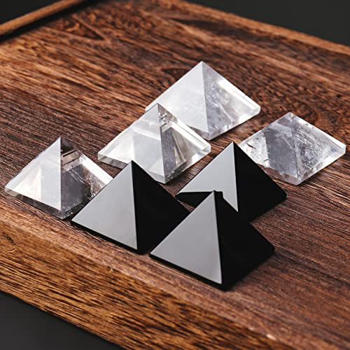 Image of Runyangshi 2pc Clear Quartz + Obsidian Pyramid | 1.6x1.6in (4x4cm) Natural Crystal Energy Generator for Protection & Positive Energy | Healing Crystal Pyramid for Chakra Reiki Home Decor