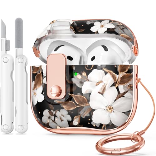 Polislime for Apple AirPod 4 Case 2024 with Lock,Clear TPU Floral AirPod 4th Generation Cases for Women Girly, iPod 4 Case with Keychain & Cleaner Kit- Black Gold Flower