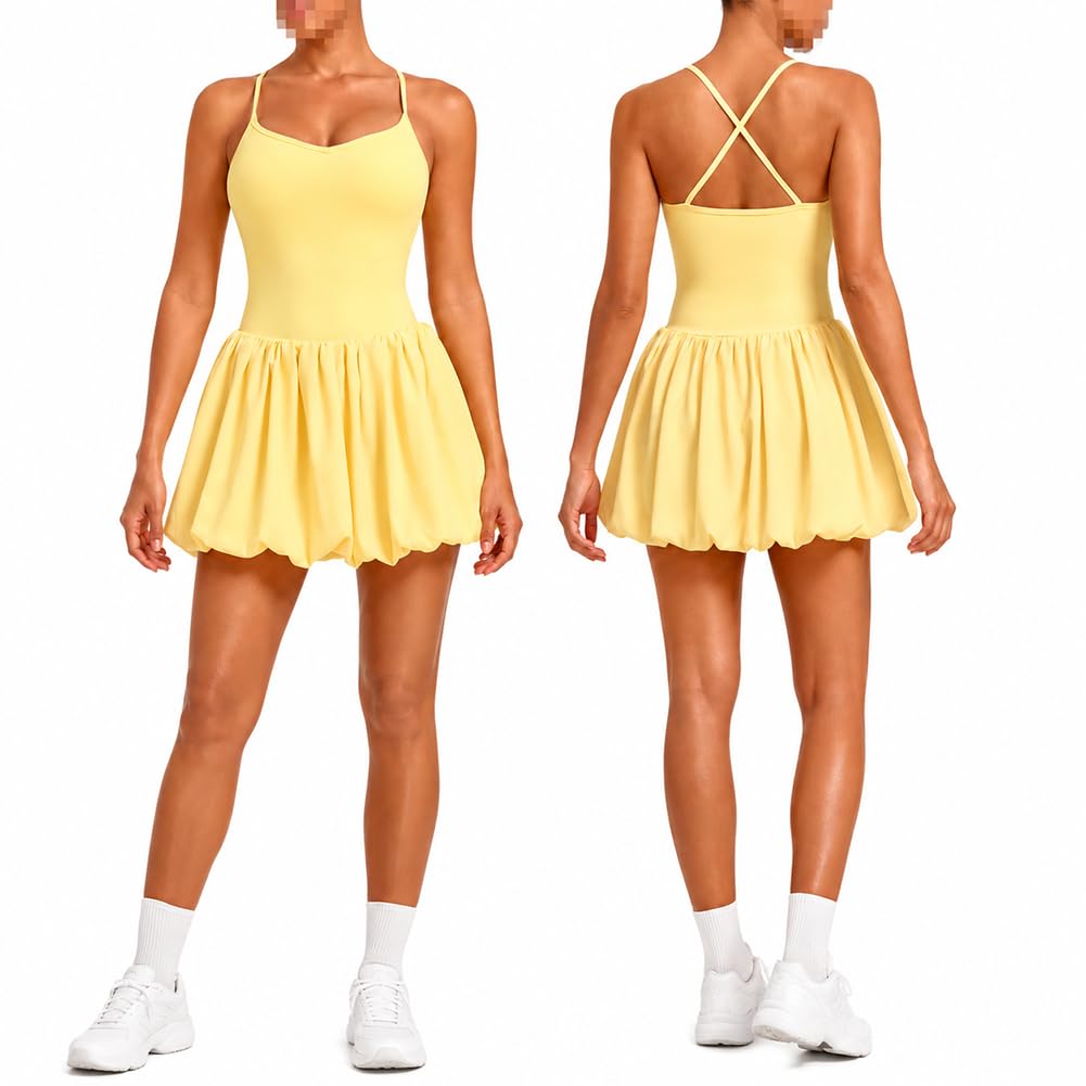 Sukienka Tenisowa Damska z Szortami, Plisowana Sukienka Sportowa 2w1(XL, Yellow)