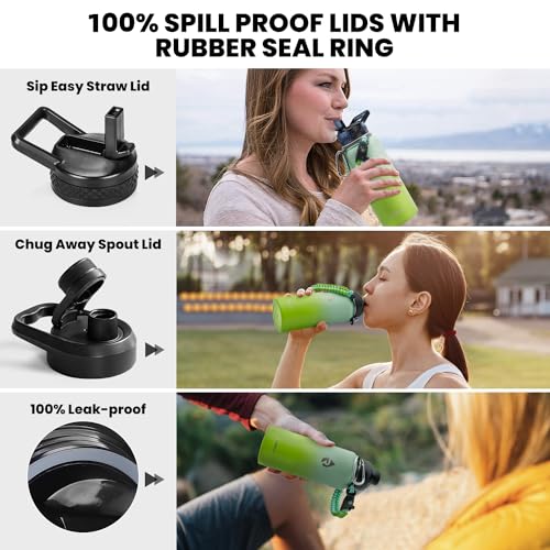 Image of RAYMYLO Insulated Water Bottle 32 oz, Triple Wall Vacuum Stainless Steel (Cold for 24Hrs, Hot for 12Hrs), Leak Proof & Non-BPA, Modern Water Flask Jug with Paracord Handle & Straw Spout Lids