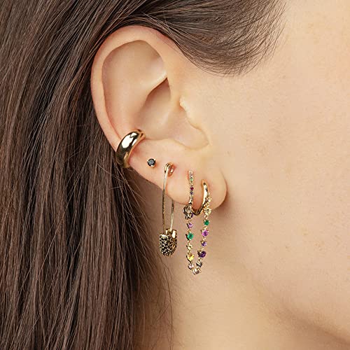 Rainbow Chain CZ Dainty Small Hoop Cuff Cartilage Hypoallergenic Earrings for Women Girls 925 Sterling Silver Post Colorful Cubic Zirconia Threader Dangle Drop 14k Gold Plated Fashion Cute Huggie Hoops Fashion Crystal Jewelry Gifts Bff Birthday Her 1 pair3