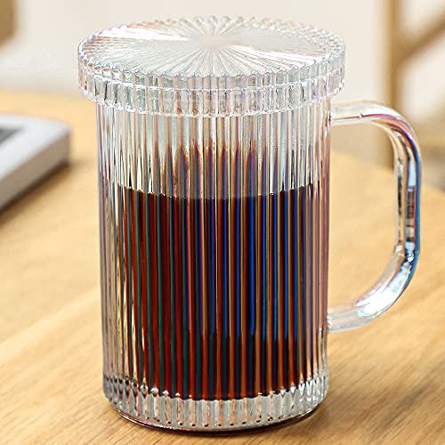 Lysenn Iridescent Glass Coffee Mug - Classic Vertical Stripes Tea Mug - Elegant Coffee Cup with Glass Lid for Latte, Espresso - Lovely Gift for Christmas, Anniversary and Birthday - 11 oz