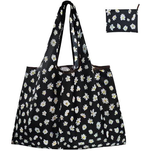 FenFang Bolsa de la Compra Plegable Grande, Bolsa de la Compra Reutilizable, Shopping Bag Tela, Bolsas de Compra Supermercado, Portátil, Estable, Lavable, Resistente (Flor Negra)
