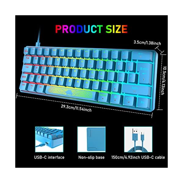 UK Layout 60% mechanische Gaming-Tastatur, Mini-62 Tasten, USB C, RGB Hintergrundbeleuchtungseffekte Rainbow LED-Licht… – Bild 6