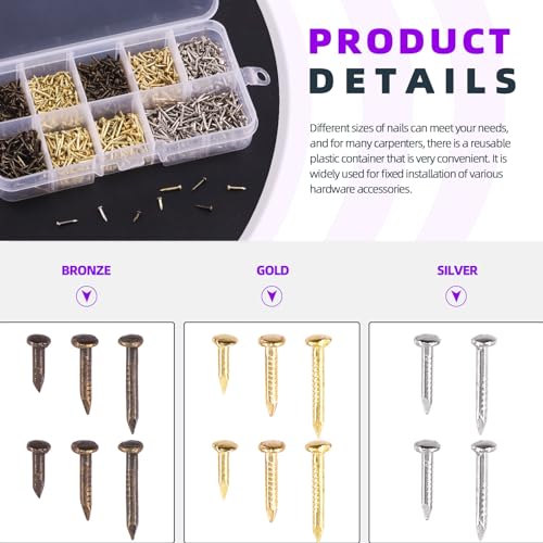 Swpeet 1600Pcs 3 Colors 6mm 8mm 10mm Small Hardware Tiny Nails Wooden Screws Assortment Kit, Tiny Wooden Nails Mini Nails Gold Silver Bronze Common Nails Boxed for DIY Decorative - Image 4