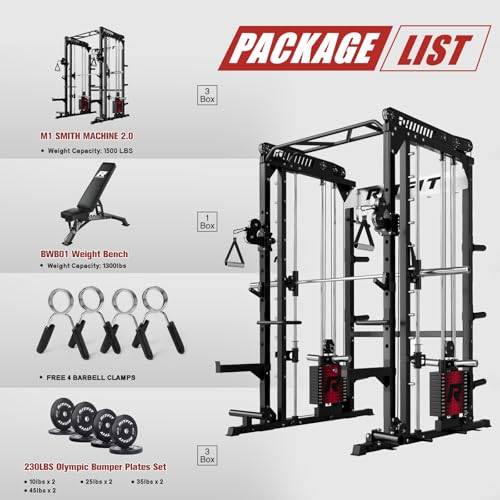 Image of RitFit M1 Pro Smith Machine Package, All-in-One Power Cage with Weight Stack Set, Includes LAT Pulldown & Cable Crossover System for Home Gym
