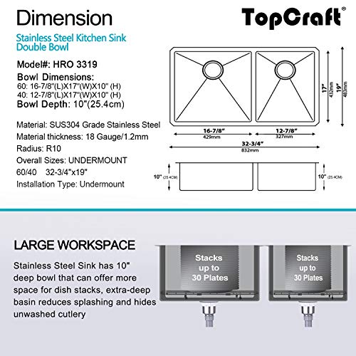 Topcraft Kitchen Sink Double Bowl 33-Inch Undermount Kitchen Sink Stainless Steel Kitchen Sink 60/40 Kitchen Sinks- Hro3319 #TOP6