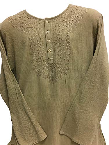 Yoga Trendz Mens Indian Bohemian Crinkled Gauze Cotton Embroidered Tunic Shirt Kurta Khaki3