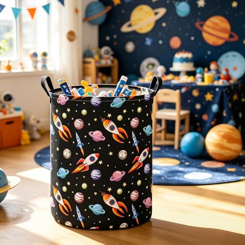 Image of Round Laundry Basket Collapsible Storage Hamper Organizer Planet Rocket | Waterproof Canvas Foldable Baskets with sturdy Handles Multi-scene Organizer for Home Play Bedroom Gift Bin