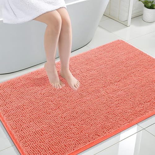 Image of OLANLY Large Bathroom Rugs 44x32, Extra Soft Absorbent Chenille Bath Rugs, Rubber Backing Quick Dry, Machine Washable Bath Mats for Bathroom Floor, Tub and Shower, Home Decor Accessories, Coral