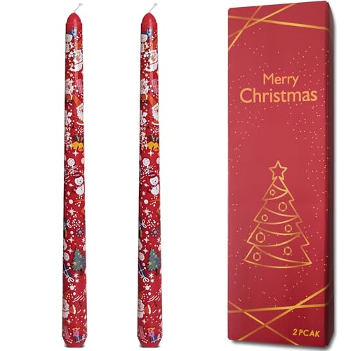 Topsics Christmas Taper Candles 10 Inch Red Tall Candle Set of 2 Snowman Elk Christmas Tree Patterns Dinner Table Decorations Christmas Party Decor