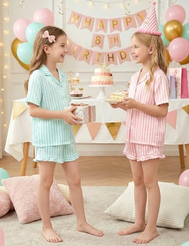 Image of Arshiner Girls Pajamas Silk Satin Pajama Set Button Pjs Ruffle Sleepwear | 2 Piece Nightwear, Silky Soft Lounge for Little & Big Kids, Ideal for Sleeping and Sleepover Party