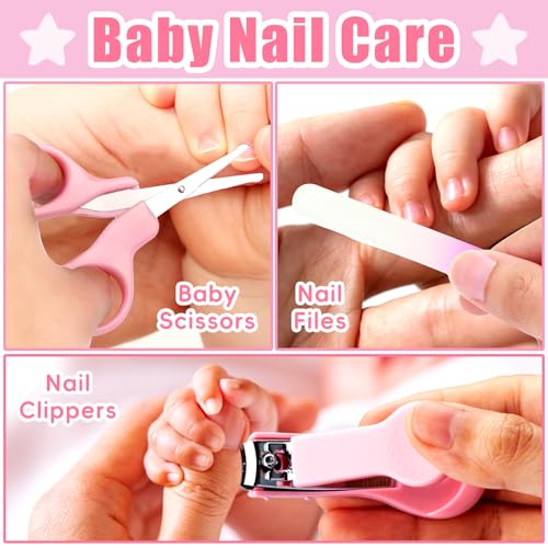 Baby Grooming Kit, Infant Safety Care Set with Baby Nose Aspirator,Baby Hair Brush Comb Nail Clipper Nasal Aspirator,Baby Essentials Kit for Newborn Girls Boys (17 Pc Pink Kit)