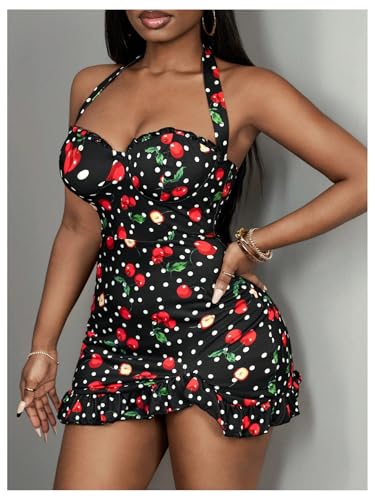 Image of MakeMeChic Women's Summer Mini Dress with Cherries Polka Dot Print Backless Mini Dress