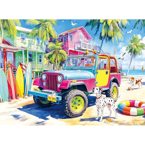 Rompecabezas de 500 piezas para adultos – Escena tropical de playa con jeep colorido, tablas de surf y isla, perro dálmata, paisaje costero veraniego, 51,8 x 38,1 cm miniatura 1