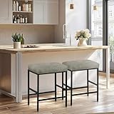 ALPHA HOME 24” Backless Counter Stools Set of 2 Leather with Square Cushion Chairs for Counter Kitchen Dining Cafe Bar Stools with Footrest Sturdy Chromed Black Metal Steel Frame,Light Grey.