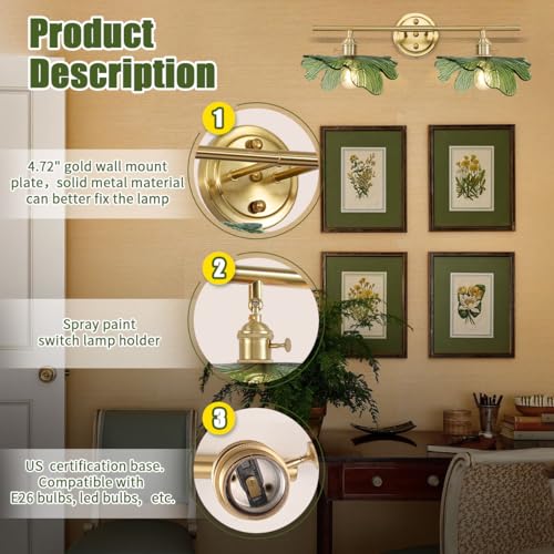 Image of Green Bathroom Vanity Lights Over Mirror, 2 Light Vintage Wall sconces with Glass Shade Bathroom Sconce mid Century Wall Sconce Light Gold Wall Lighting Fixture for Bedside Bedroom Doorway
