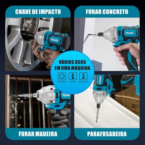 Chave de Impacto Parafusadeira Furadeira Brushless 350N.m Sem Fio 21V + 2 Baterias de 4.0Ah + Kit co
