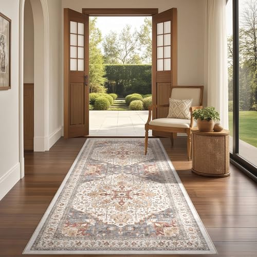 Tortania Area Rug 3x8 Runner Rugs - Washable Vintage Oriental Farmhouse Thin Indoor Carpet for Living Room Bedroom Hallway Entryway Kitchen Under Dining Table Home Office - Orange Multi